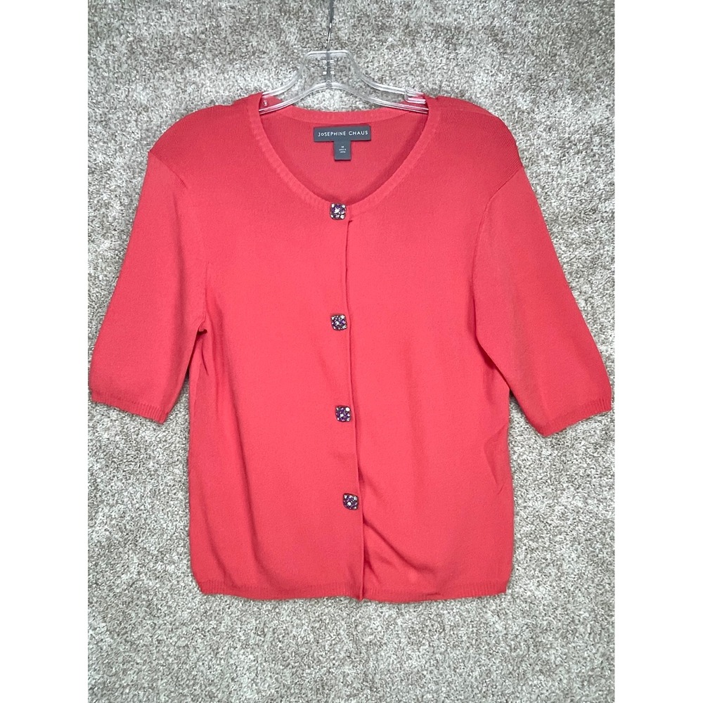 Josephine Chaus Jewel Button Short Sleeve Cardigan Womens M Coral Pink Knit
